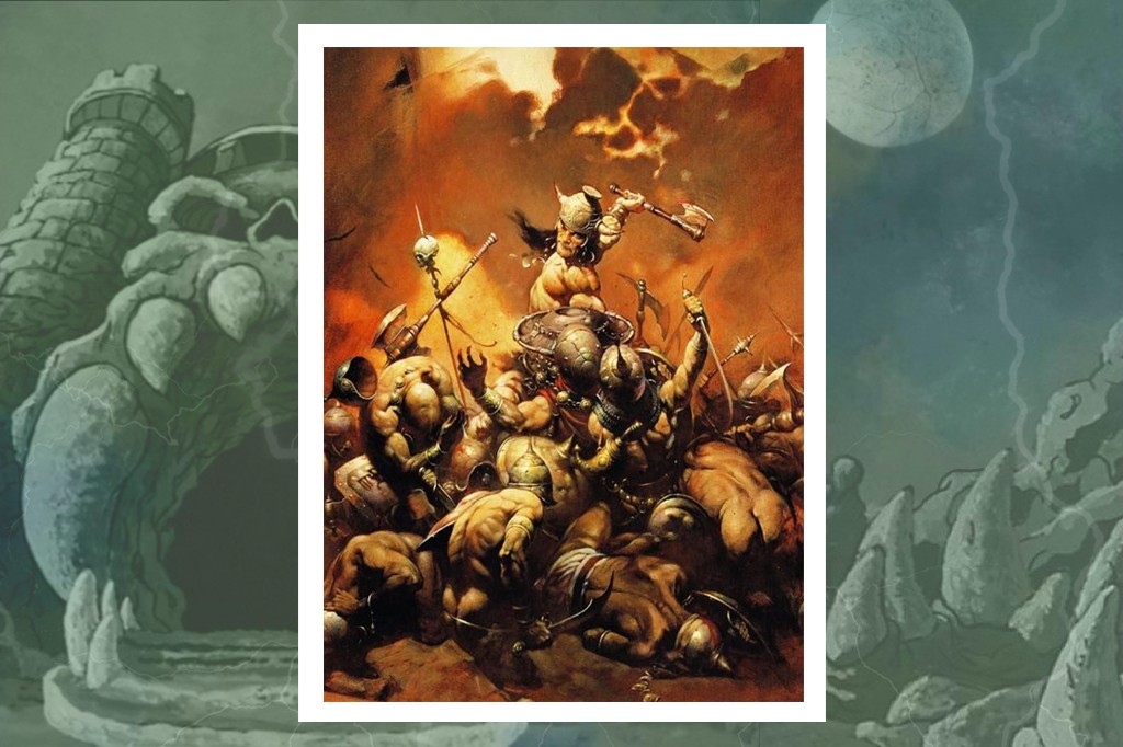 Pintura de Conan, o b&aacute;rbaro. Um guerreiro musculoso com capacete de chifres e machado, em p&eacute; sobre corpos ca&iacute;dos em batalha, sob um c&eacute;u laranja tempestuoso. Ao fundo, o Castelo Grayskull e um c&eacute;u escuro com raios e uma lua.