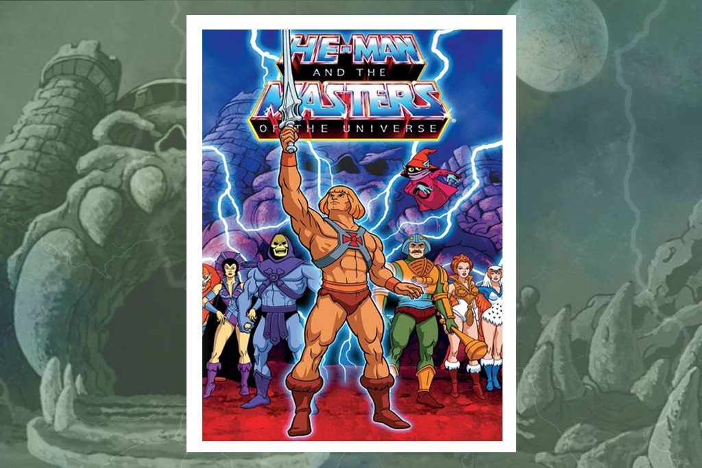 Cartaz de He-Man e os Mestres do Universo, com He-Man no centro erguendo a espada, rodeado por Esqueleto, Teela, Mentor, Orko e outras personagens, com raios azuis ao fundo e o Castelo de Grayskull