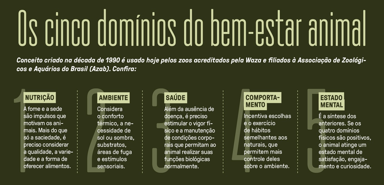 Infogr&aacute;fico sobre os cinco dom&iacute;nios do bem-estar animal: Nutri&ccedil;&atilde;o, Ambiente, Sa&uacute;de, Comportamento e Estado Mental. Cada dom&iacute;nio &eacute; numerado e detalhado com texto explicativo em fundo verde escuro e letras claras.