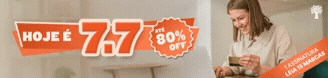 Banner promocional com a frase HOJE É 7.7 em destaque e ATÉ 80% OFF em um selo circular. À direita, uma mulher sorridente, de camisa clara, segura um cartão dourado enquanto digita em um notebook. No canto inferior direito, uma faixa laranja com 1 ASSINATURA LEIA 15 MARCAS e um ícone de árvore no canto superior direito