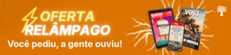 Banner laranja com texto OFERTA RELÂMPAGO em destaque, acompanhado de um ícone de raio. Abaixo, Você pediu, a gente ouviu!. À direita, capas de revistas: Super, Veja e uma menor, Guia Quatro Rodas. No canto superior direito, um ícone de árvore estilizada
