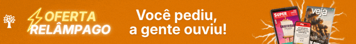 Banner laranja com ícone de árvore e raio, texto OFERTA RELÂMPAGO Você pediu, a gente ouviu!. À direita, capas de revistas Superinteressante e Veja, e um celular com aplicativo de notícias