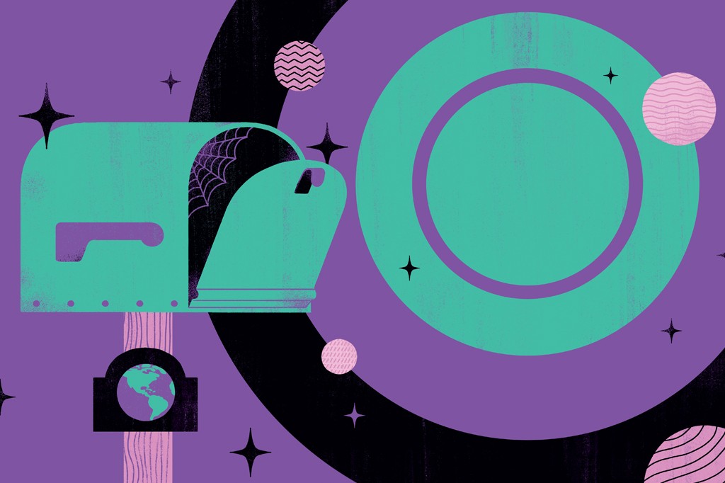 Caixa de correio verde-&aacute;gua com teia de aranha dentro, sobre fundo roxo com estrelas e planetas, um deles mostrando o mapa-m&uacute;ndi.