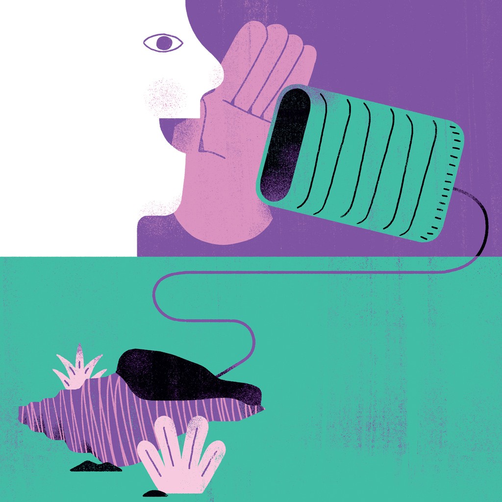 Ilustra&ccedil;&atilde;o de uma pessoa branca com a m&atilde;o na boca, falando em um telefone de lata verde conectado por um fio roxo a um p&aacute;ssaro preto em um ninho roxo, sobre um fundo verde. A imagem sugere comunica&ccedil;&atilde;o e conex&atilde;o.