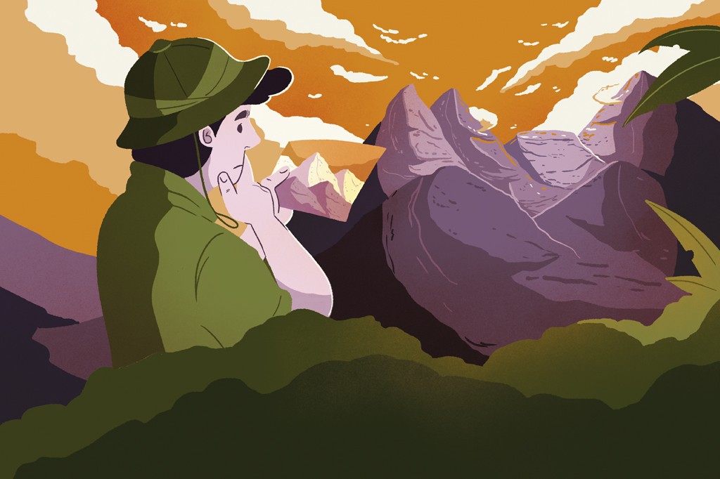 Homem de chap&eacute;u e camisa verde, com a m&atilde;o no queixo, observa montanhas roxas e um c&eacute;u alaranjado com nuvens brancas, em meio &agrave; vegeta&ccedil;&atilde;o verde escura.