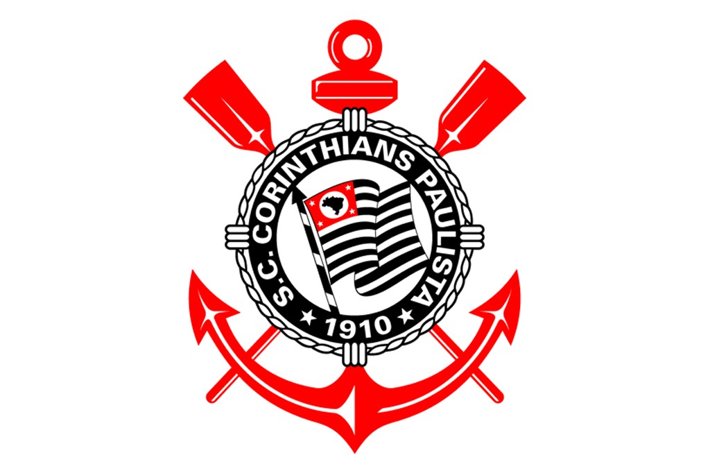 Escudo do Corinthians, com um c&iacute;rculo preto contendo S.C. CORINTHIANS PAULISTA e o ano 1910. Dentro, uma bandeira do estado de S&atilde;o Paulo com o mapa do Brasil. Duas &acirc;ncoras vermelhas cruzadas e dois remos vermelhos completam o emblema.