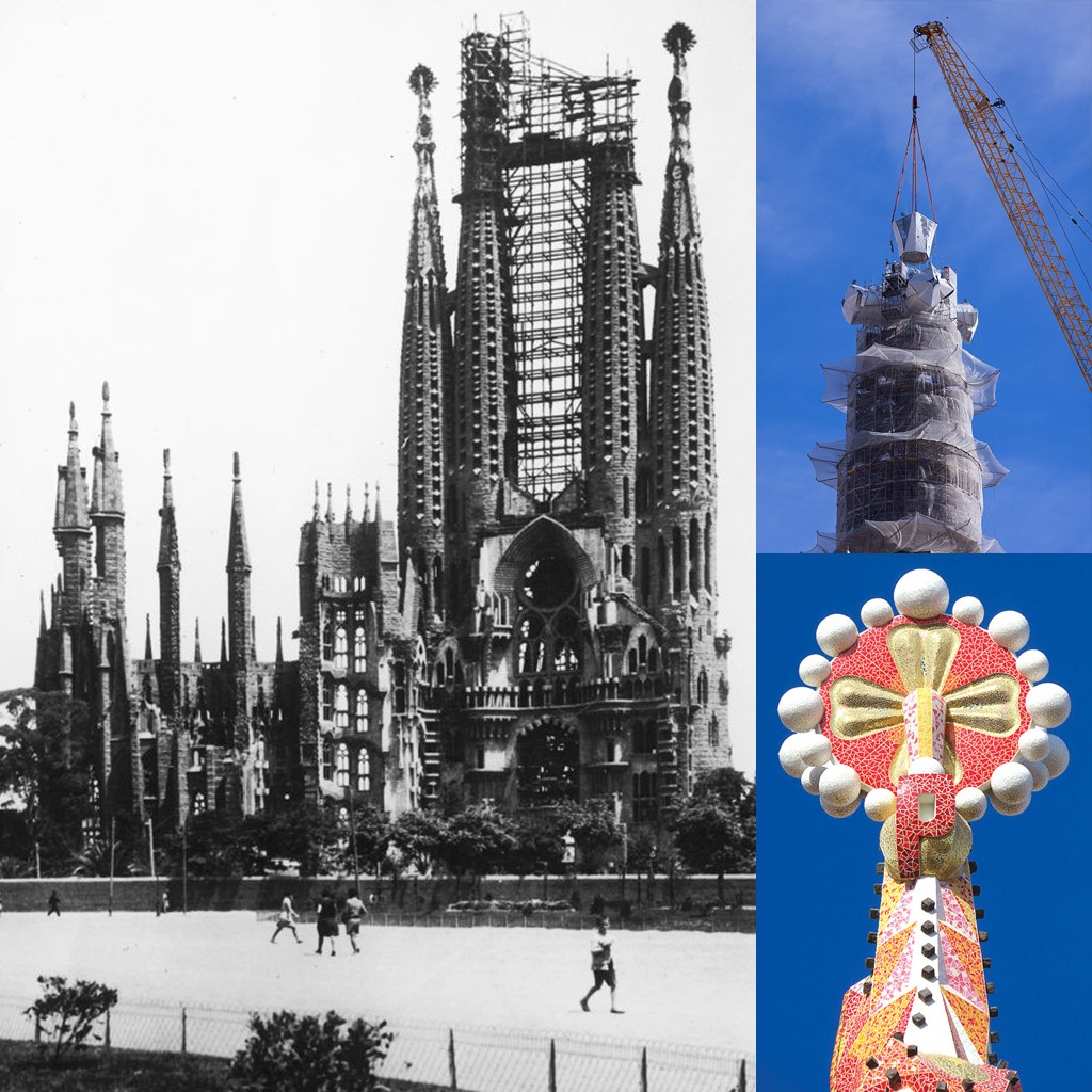 Tr&ecirc;s imagens da Sagrada Fam&iacute;lia: &agrave; esquerda, foto antiga em preto e branco da fachada em constru&ccedil;&atilde;o, com andaimes e pessoas no primeiro plano; no canto superior direito, uma torre sendo erguida por um guindaste; no canto inferior direito, o topo colorido e ornamentado de uma torre finalizada contra um c&eacute;u azul