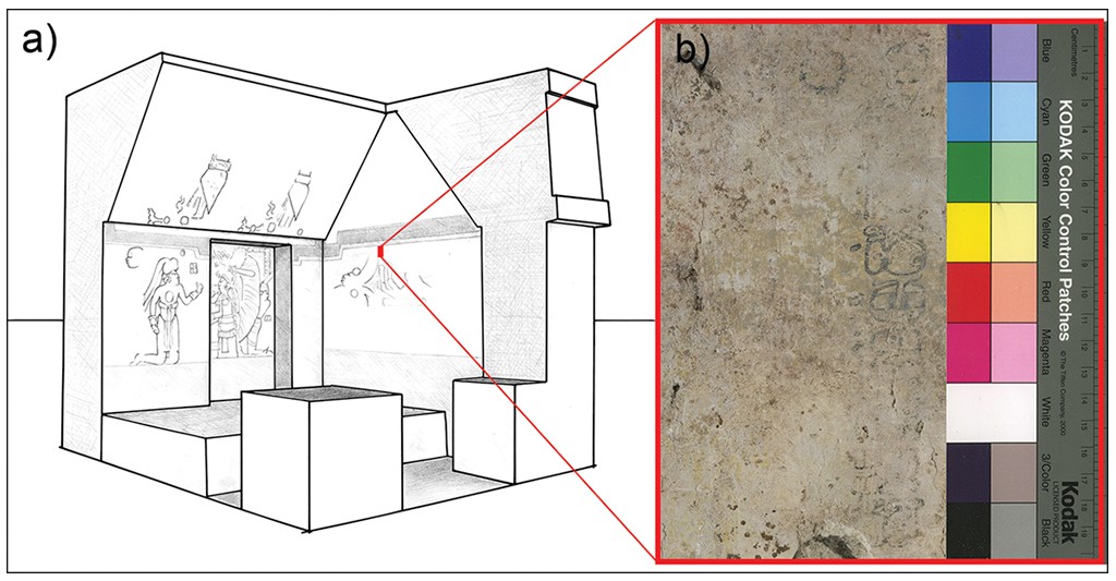 Desenho esquem&aacute;tico de uma estrutura arquitet&ocirc;nica com paredes internas decoradas por figuras humanas e s&iacute;mbolos, e um detalhe ampliado de uma parede com textura rugosa e uma escala de cores Kodak
