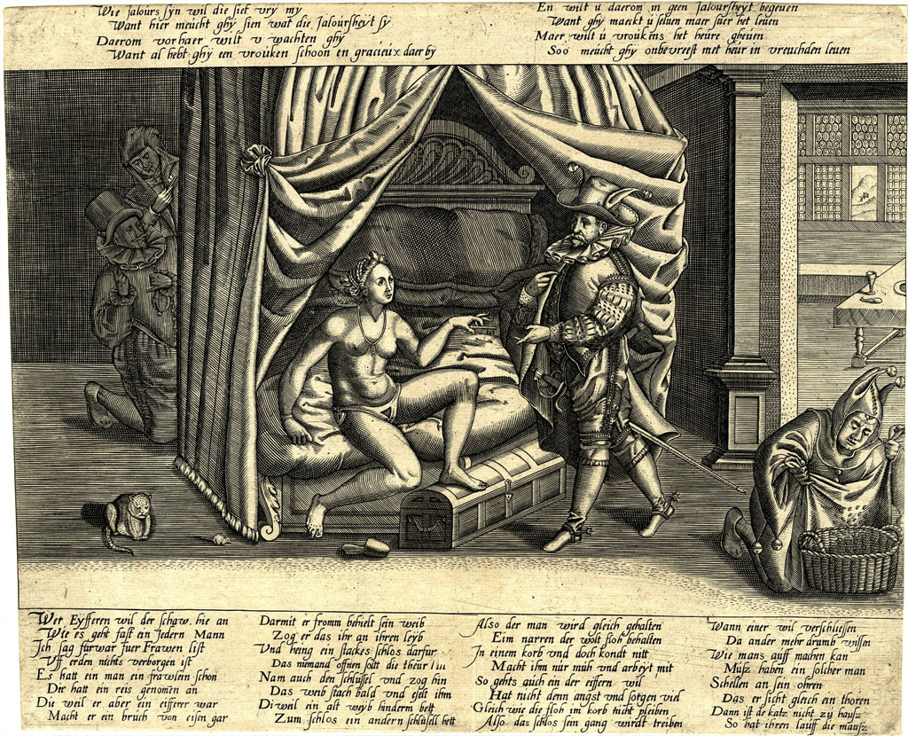 Gravura em preto e branco de um quarto com uma mulher seminua na cama, um homem vestido ao lado e um bobo da corte espiando. No canto esquerdo, um homem se esconde atr&aacute;s da cortina. Textos em holand&ecirc;s antigo est&atilde;o acima e abaixo da cena