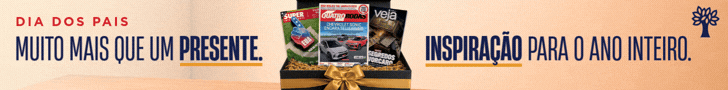 Caixa de presente preta com laço dourado, contendo revistas Superinteressante, Quatro Rodas e Veja, sobre fundo bege. Texto: Dia dos Pais. Muito mais que um presente. Inspiração para o ano inteiro. Logotipo de árvore no canto superior direito
