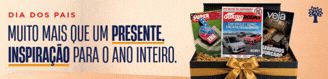 Caixa de presente preta com laço dourado, contendo três revistas: Superinteressante, Quatro Rodas e Veja. À esquerda, texto DIA DOS PAIS MUITO MAIS QUE UM PRESENTE. INSPIRAÇÃO PARA O ANO INTEIRO