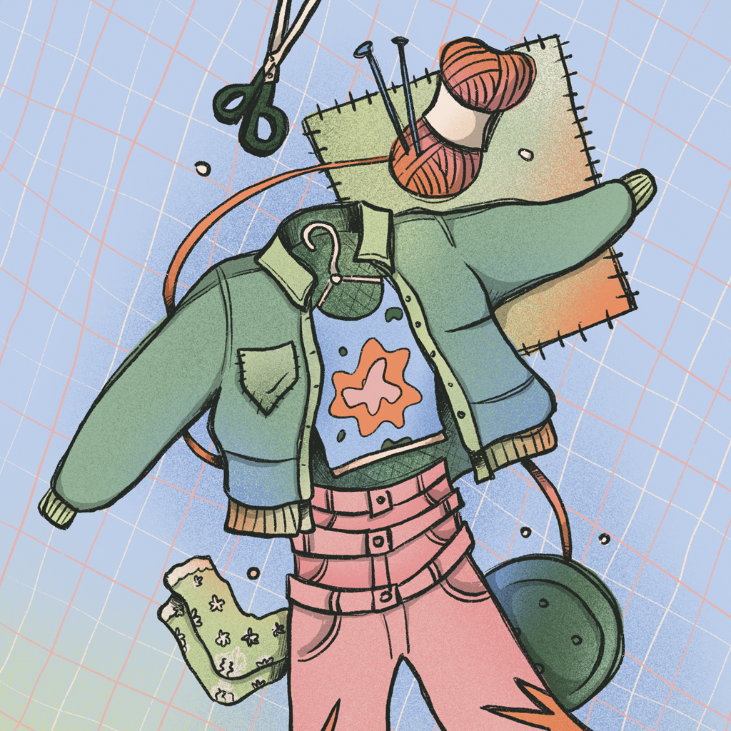 Ilustra&ccedil;&atilde;o de uma jaqueta verde, blusa azul com estampa laranja, cal&ccedil;a rosa e meias verdes com flores, sobre um fundo quadriculado azul. Ao redor, tesoura, agulhas de tric&ocirc; e novelo de l&atilde; laranja, representando costura e moda.