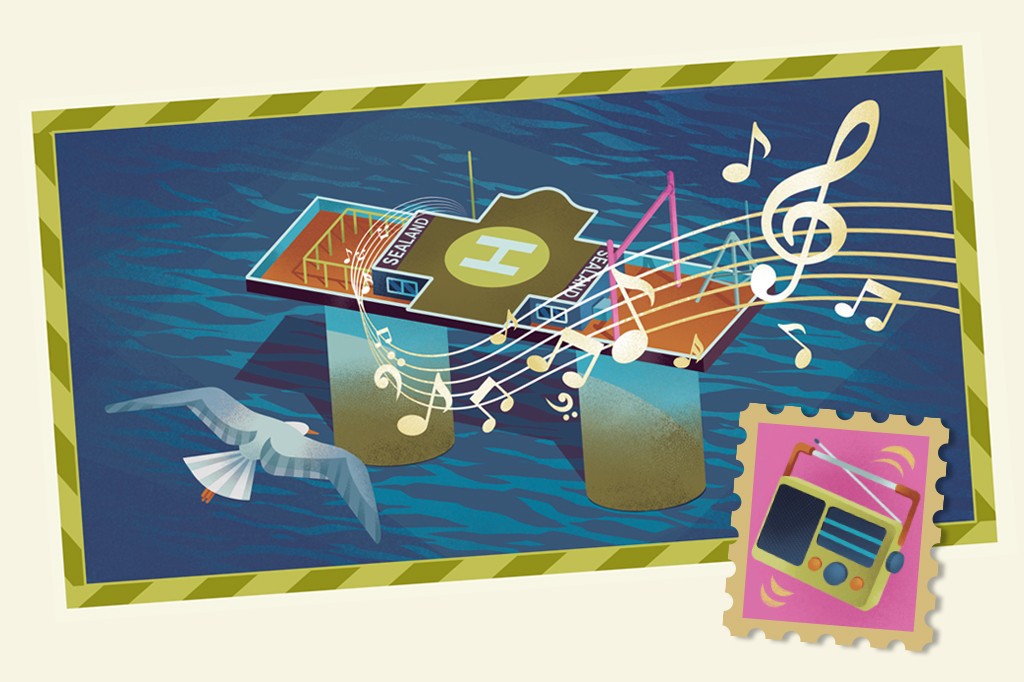 Ilustra&ccedil;&atilde;o de uma plataforma mar&iacute;tima com a palavra SEALAND e um H de heliponto, flutuando sobre a &aacute;gua. Notas musicais e uma clave de sol flutuam acima da plataforma. Um selo postal com um r&aacute;dio antigo aparece no canto inferior direito. Uma gaivota voa no canto inferior esquerdo.