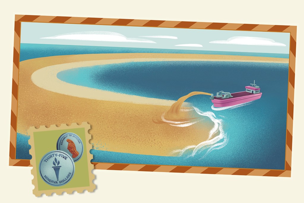 Ilustra&ccedil;&atilde;o de um navio draga rosa despejando areia no mar para formar uma ilha artificial, com um selo postal de Minerva Dollars no canto inferior esquerdo.