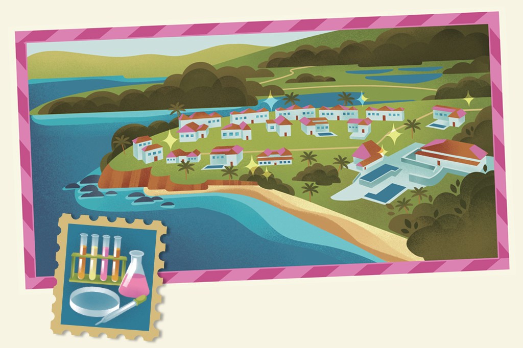 Ilustra&ccedil;&atilde;o de um vilarejo costeiro com casas brancas e telhados vermelhos, palmeiras e uma praia de areia clara. Ao fundo, montanhas verdes e um lago. No canto inferior esquerdo, um selo postal com tubos de ensaio, um erlenmeyer com l&iacute;quido rosa, uma placa de Petri e uma pipeta.