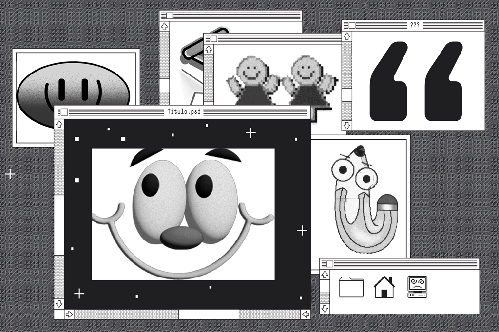 M&uacute;ltiplas janelas de computador em preto e branco sobrepostas, exibindo &iacute;cones e imagens de estilo retr&ocirc;. Uma janela mostra um rosto sorridente com olhos grandes, outra exibe dois bonecos pixelados, e h&aacute; tamb&eacute;m um &iacute;cone de aspas duplas e um l&aacute;pis com olhos esbugalhados. Uma janela inferior mostra &iacute;cones de pasta, casa e computador com rosto triste