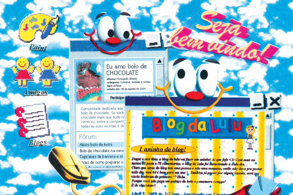 Montagem digital com fundo de c&eacute;u azul e nuvens brancas, simulando uma tela de computador com janelas e &iacute;cones. No topo, a frase Seja bem vindo! em rosa e amarelo. H&aacute; dois rostos sorridentes de olhos grandes, um em cada janela de navegador. &Iacute;cones de Paint, Amigos e Blogs aparecem &agrave; esquerda. Uma janela exibe Eu amo bolo de chocolate com detalhes de uma comunidade online. Outra janela mostra Blog da Lulu com um post sobre o anivers&aacute;rio do blog. Um mouse de computador amarelo est&aacute; na parte inferior esquerda.