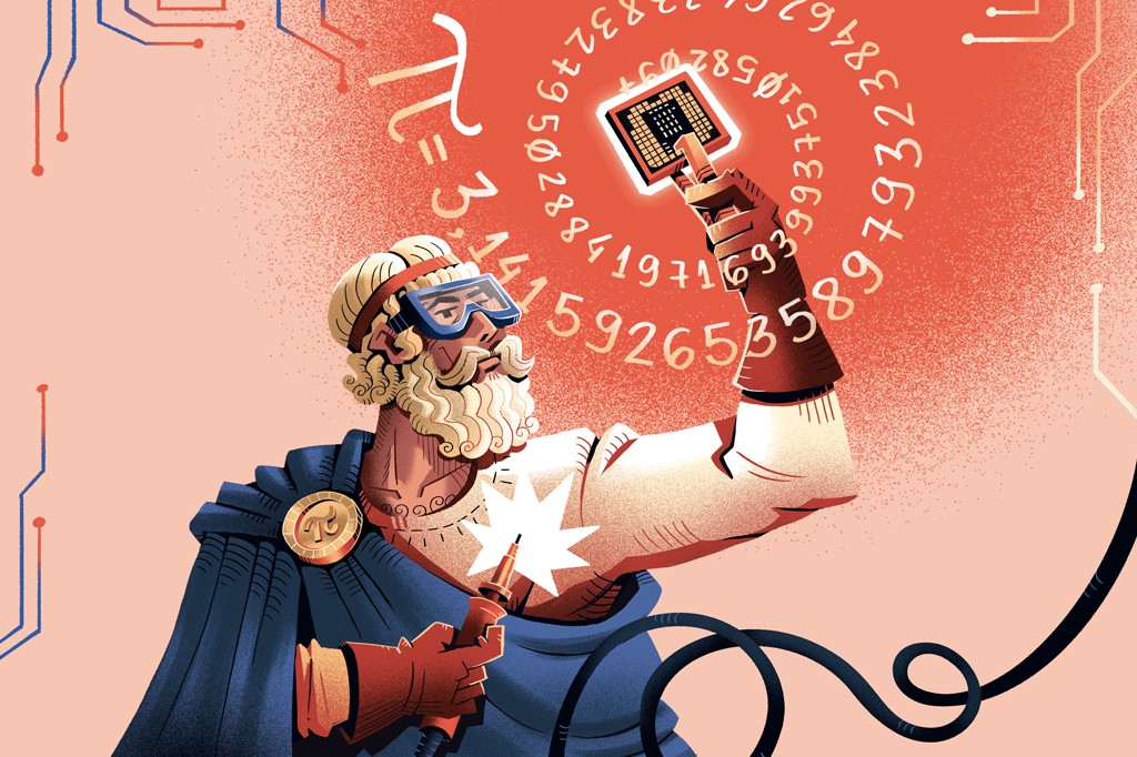 Ilustra&ccedil;&atilde;o de um homem barbudo, com &oacute;culos de prote&ccedil;&atilde;o e capa azul, segurando um chip de computador e um ferro de solda. N&uacute;meros do Pi flutuam ao redor do chip, e circuitos eletr&ocirc;nicos adornam o fundo, em tons de vermelho e p&ecirc;ssego