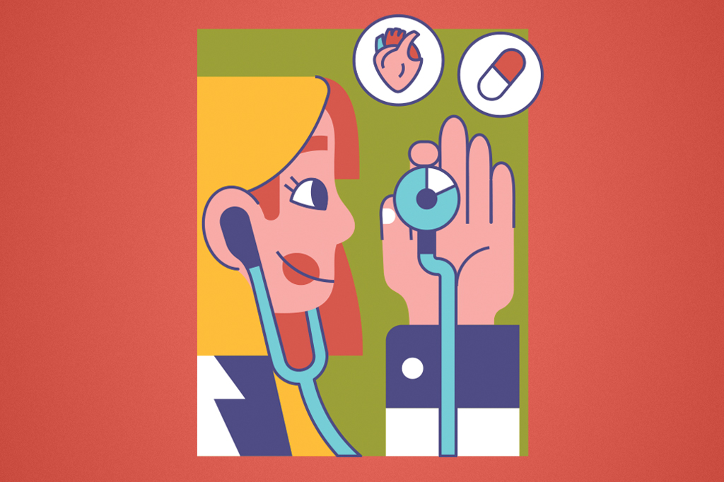 Ilustra&ccedil;&atilde;o de uma m&eacute;dica loira com estetosc&oacute;pio, segurando um medidor de press&atilde;o. Acima, &iacute;cones de cora&ccedil;&atilde;o e p&iacute;lula, em fundo verde e vermelho