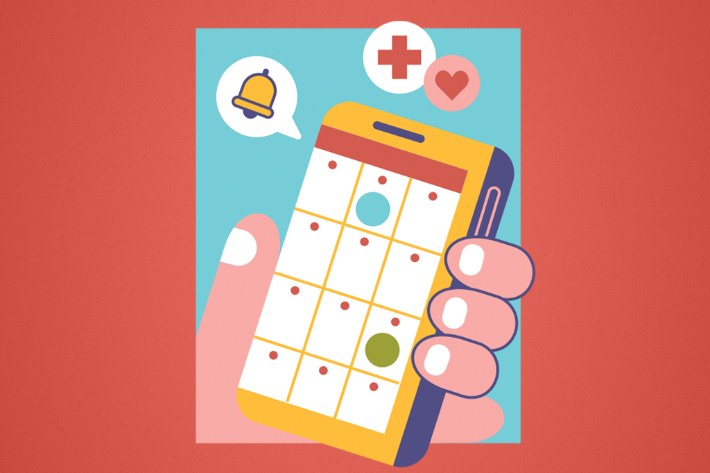 M&atilde;o segurando um smartphone com um calend&aacute;rio na tela, mostrando datas marcadas com pontos vermelhos, um c&iacute;rculo azul e um verde. Acima, &iacute;cones de sino, cruz e cora&ccedil;&atilde;o, em fundo azul e vermelho