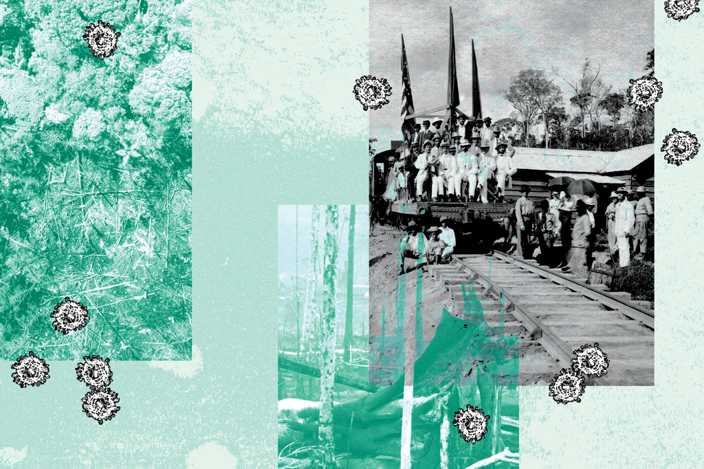 Colagem com imagem em preto e branco de homens em um trem e trilhos, sobreposta a uma floresta verde e fundo azul claro com ilustra&ccedil;&otilde;es de v&iacute;rus.