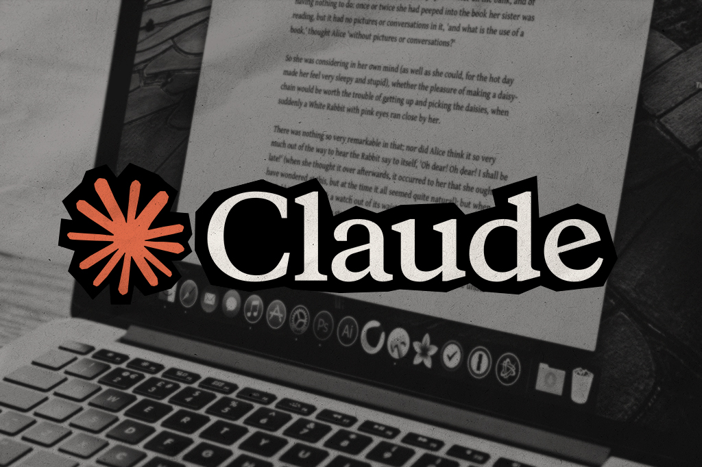 Tela de notebook com texto e ícones de aplicativos na barra inferior, sobreposta pela palavra Claude em branco com contorno preto e um asterisco laranja à esquerda