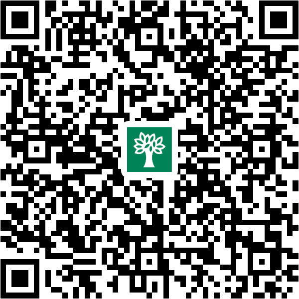 Código QR preto e branco com um quadrado verde no centro, contendo um ícone branco de uma árvore com folhas
