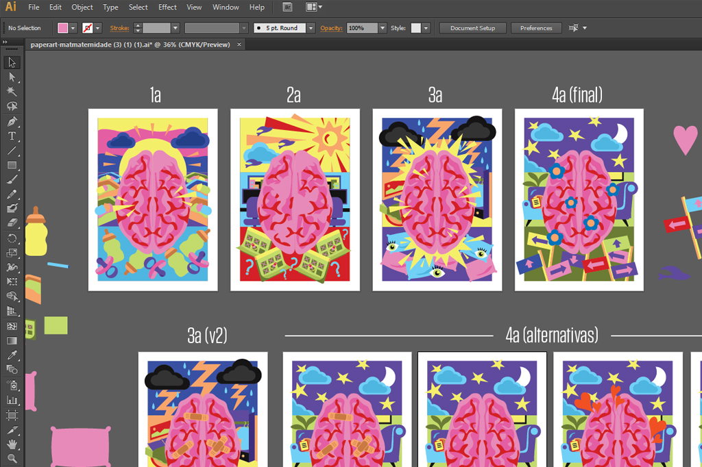 Tela do Adobe Illustrator exibindo seis ilustrações coloridas de cérebros, cada uma representando uma fase da maternidade. A primeira mostra um cérebro rosa com mamadeiras e chupetas, a segunda com calendários e pontos de interrogação, a terceira com raios e nuvens escuras, e a quarta com flores e setas indicando direções. As quatro na fileira de baixo são variações da terceira e quarta dupla.