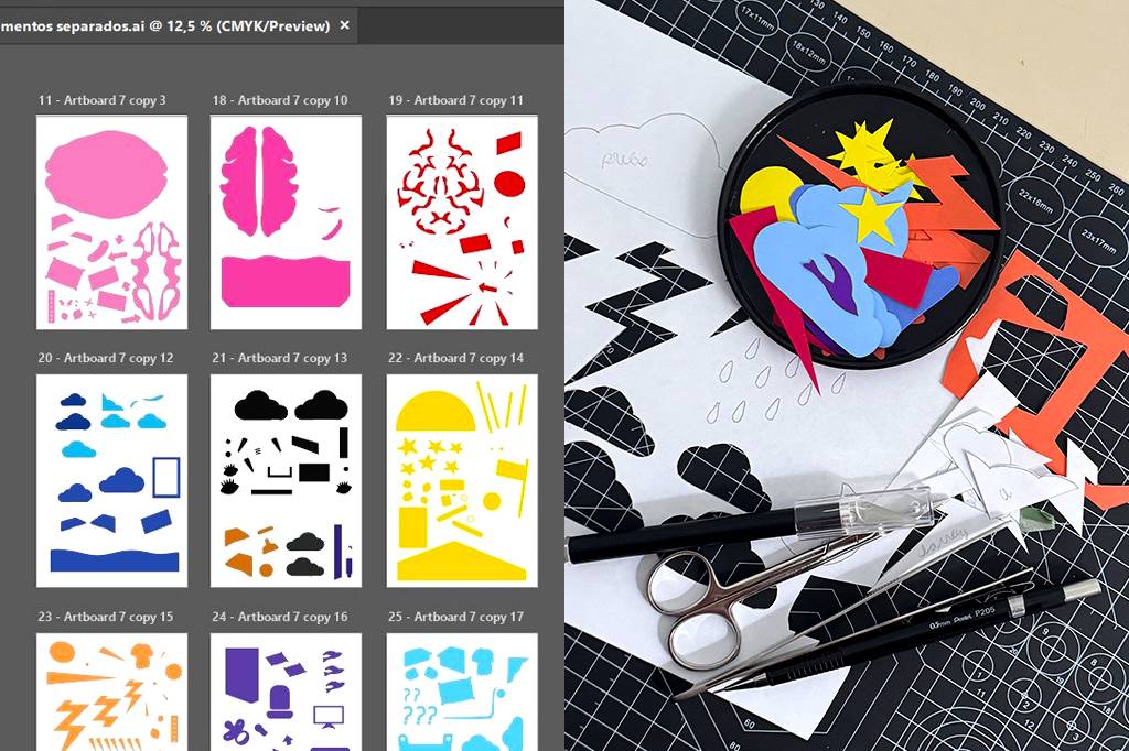 Tela de computador exibindo várias pranchetas com recortes digitais de cérebros, nuvens, estrelas e formas geométricas em tons de rosa, vermelho, azul, preto e amarelo. À direita, uma mesa de trabalho com recortes de papel coloridos, tesoura, estilete e lápis sobre uma base de corte preta com marcações brancas. Um recipiente preto contém recortes de nuvens azuis, raios amarelos e vermelhos, e estrelas. Papéis brancos com desenhos de nuvens e gotas de chuva estão espalhados