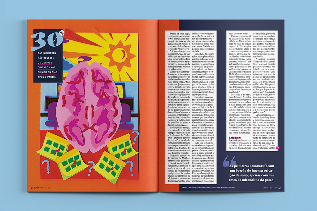 Página de revista com colagem sobre saúde mental materna. Um cérebro rosa flutua sobre um fundo azul com monitores de computador e calendários amarelos. O texto destaca que 30% das mulheres não recebem cuidados adequados nos primeiros dias após o parto, e uma citação sobre as primeiras semanas serem um borrão de imensa privação de sono e adrenalina. O restante da página contém artigos detalhados sobre o tema
