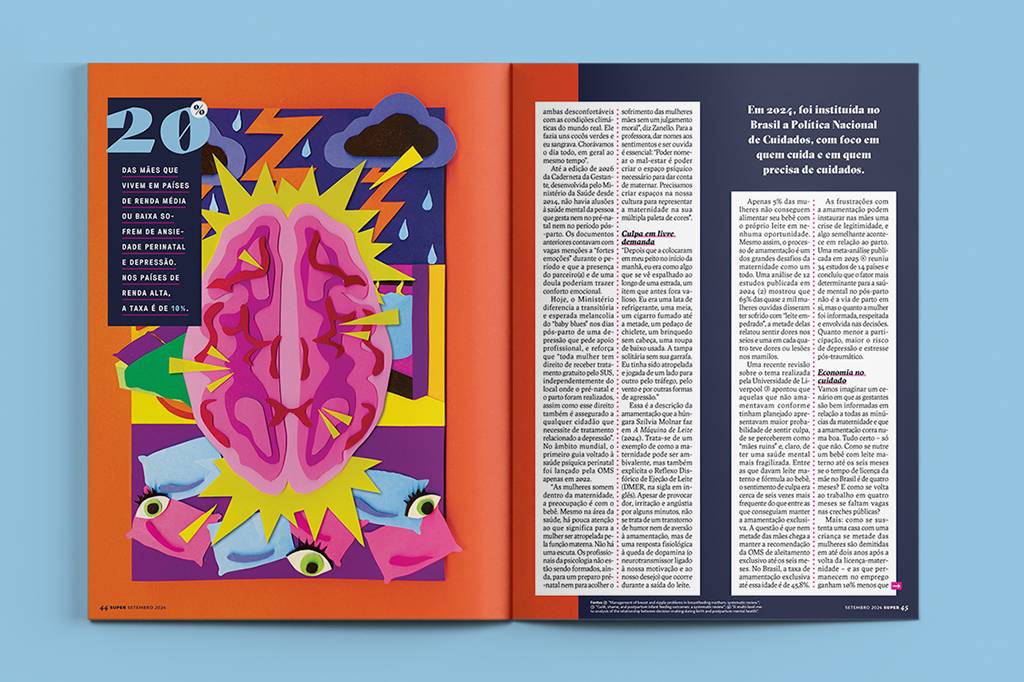 Página de revista com colagem sobre saúde mental materna. À esquerda, um cérebro rosa estilizado com raios amarelos e nuvens escuras, representando estresse. O texto destaca que 20% das mães em países de renda média ou baixa sofrem de ansiedade perinatal e depressão, enquanto em países de renda alta a taxa é de 10%. À direita, há artigos sobre a Política Nacional de Cuidados no Brasil e a importância de cuidar de quem cuida