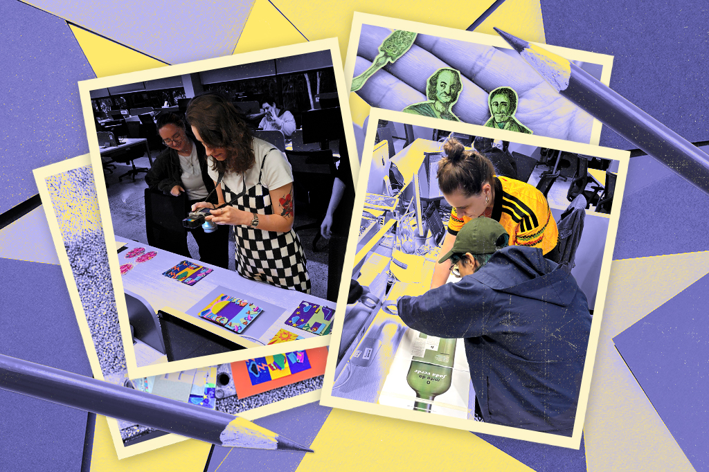 Colagem de fotos com fundo roxo e amarelo. À esquerda, uma mulher de vestido xadrez preto e branco fotografa cartões coloridos sobre uma mesa. À direita, duas pessoas, uma de camiseta amarela e outra de boné verde, trabalham juntas em uma bancada.