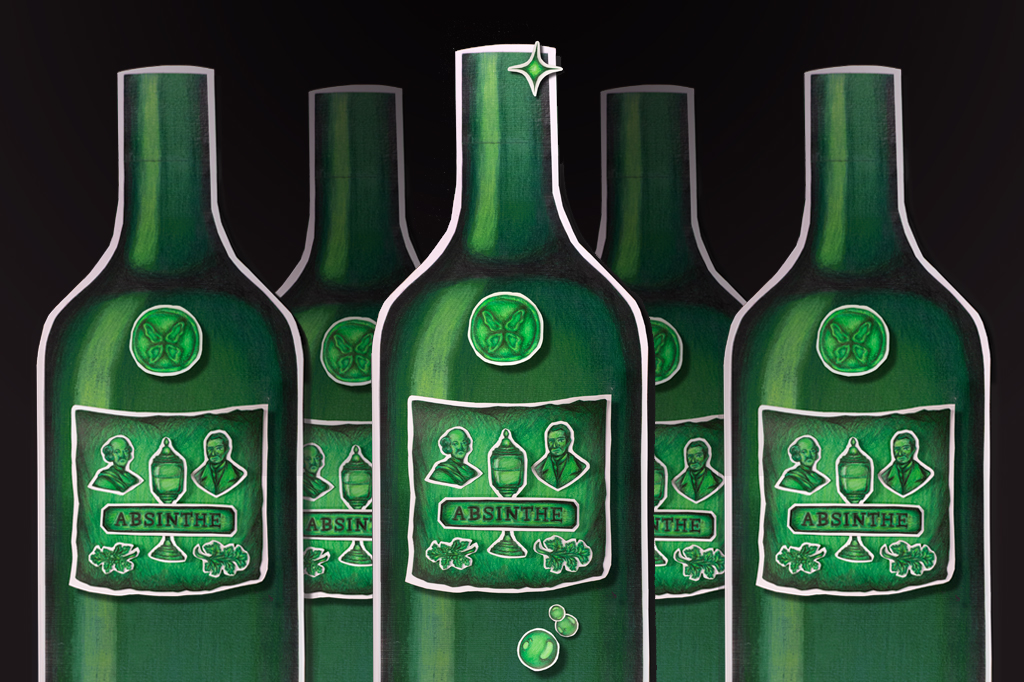Cinco garrafas de absinto verde-escuras com rótulos brancos e verdes, cada um com três bustos masculinos, um lampião e a palavra ABSINTHE. A garrafa central tem uma estrela brilhante no gargalo e bolhas verdes na base, sobre fundo preto.