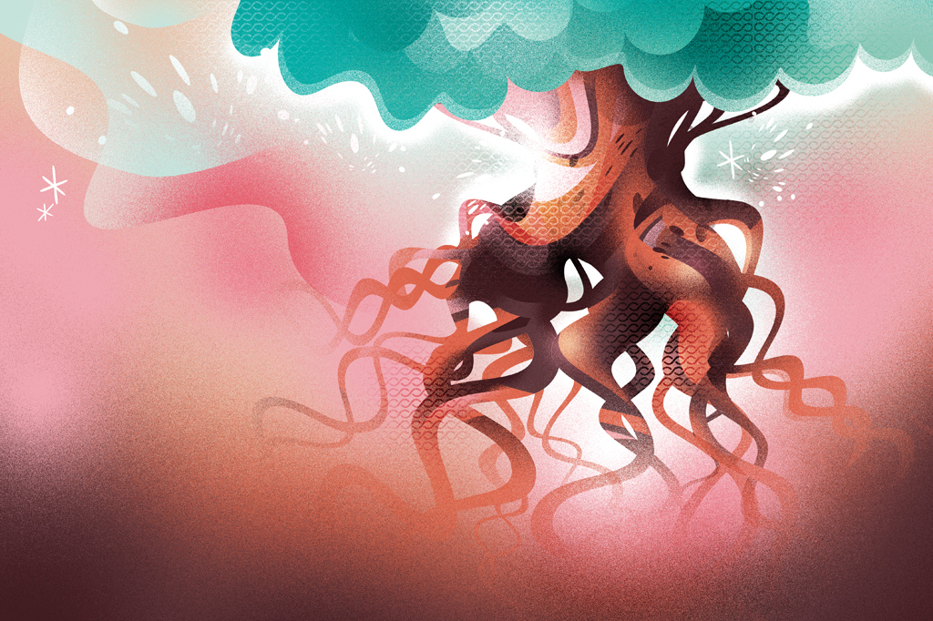 Ilustração de uma árvore com tronco e raízes em tons de marrom e laranja, com folhas azuis-esverdeadas. Um brilho branco emana do centro do tronco, e o fundo rosa claro se mescla com tons de pêssego e marrom escuro na parte inferior. Pequenos pontos e formas abstratas brancas e rosas flutuam no ar, criando uma atmosfera etérea.