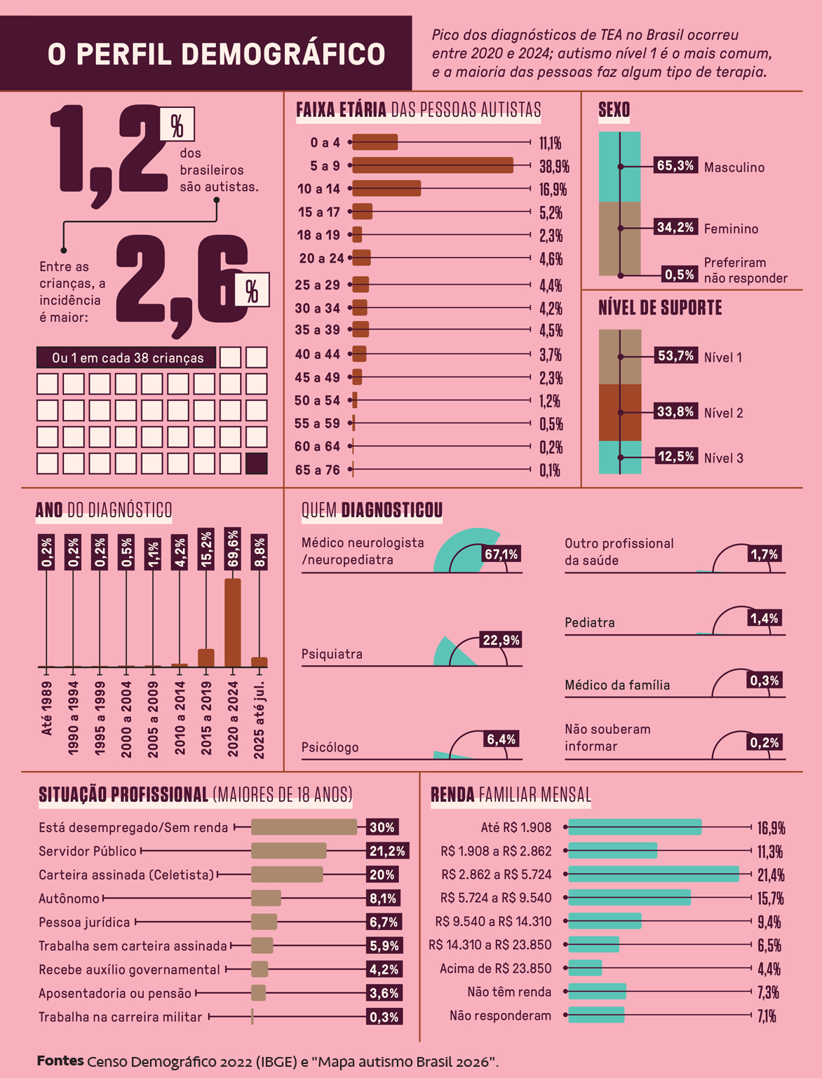Infográfico O Perfil Demográfico sobre autismo no Brasil. Destaca que 1,2% dos brasileiros são autistas, com 2,6% de incidência entre crianças. Mostra a faixa etária das pessoas autistas, predominância masculina (65,3%), e que o Nível 1 de suporte é o mais comum (53,7%). Apresenta o ano do diagnóstico, quem diagnosticou (neurologista/neuropediatra em 67,1%), situação profissional (30% desempregados) e renda familiar mensal.