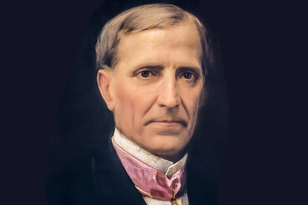 Pintura de um homem de meia-idade, pele clara, cabelo grisalho penteado para trás, vestindo terno escuro, camisa branca e uma faixa rosa com medalha no pescoço. Ele tem expressão séria e olhar direto.