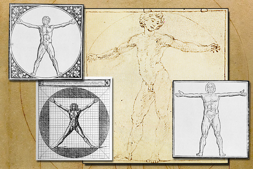 Quatro ilustrações do Homem Vitruviano, de Leonardo da Vinci, sobrepostas em um fundo marrom. A maior, ao centro, é um desenho a lápis em papel envelhecido, mostrando um homem nu com braços e pernas estendidos, dentro de um círculo. As outras três são gravuras em preto e branco, com o homem nu em diferentes poses dentro de círculos e quadrados, algumas com grades de medição.