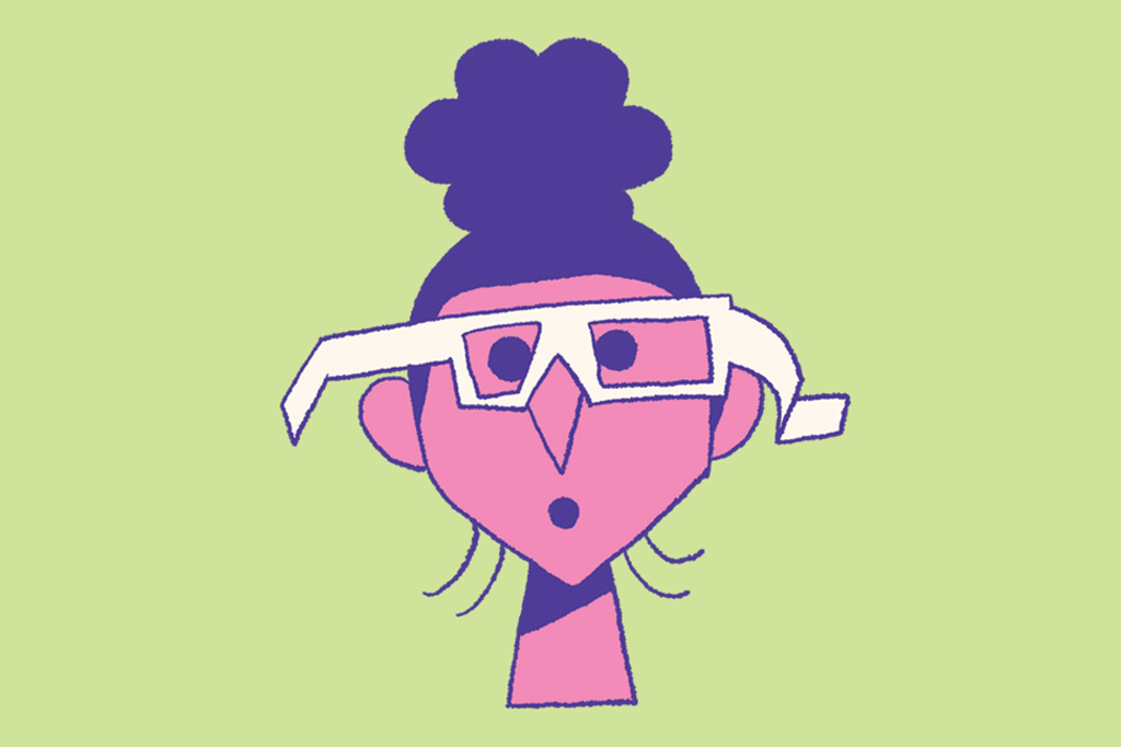 Ilustração de uma pessoa com pele rosa, cabelo roxo preso em coque, usando óculos brancos na testa e boca aberta em surpresa, sobre fundo verde claro