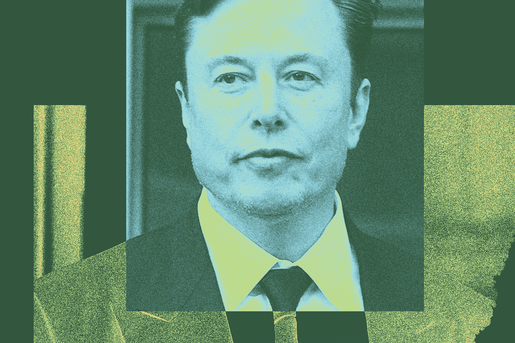Rosto de Elon Musk em tons de azul e verde, com expressão séria, vestindo terno escuro e camisa clara com gravata. O fundo é abstrato, com blocos de cor e textura granulada.