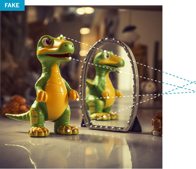 Um dinossauro de brinquedo verde e amarelo se olha no espelho, com linhas pontilhadas brancas indicando pontos de reflexão e linhas azuis saindo do espelho para a direita, sugerindo projeção ou análise. No canto superior esquerdo, a palavra FAKE em uma caixa azul