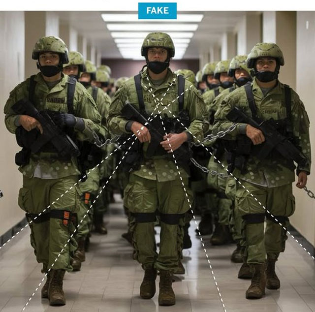 Soldados em uniforme camuflado verde, capacetes e máscaras pretas, seguram fuzis e estão acorrentados uns aos outros, caminhando em um corredor. A imagem é marcada com FAKE e linhas pontilhadas indicam manipulação digital