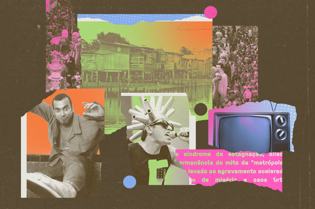 Colagem de imagens com tons sépia e cores vibrantes, mostrando favelas sobre a água, um homem sorrindo, um cantor com chapéu de cones, uma multidão e uma televisão antiga. O texto sobreposto fala de síndrome da estagnação e metrópole