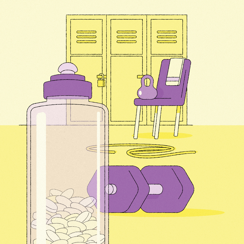 Ilustração de uma garrafa de água roxa com pílulas brancas, halteres roxos, uma corda de pular, um kettlebell roxo sobre uma cadeira e armários de vestiário amarelos ao fundo