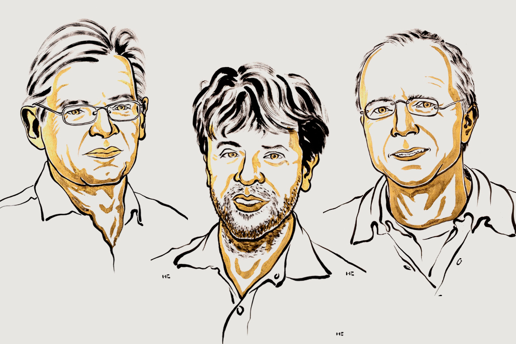 Ilustração de três homens brancos, com traços de caneta preta e preenchimento dourado, usando camisas de botão. O primeiro, à esquerda, tem cabelos grisalhos e óculos. O do meio tem cabelos escuros e barba. O terceiro, à direita, é calvo e usa óculos